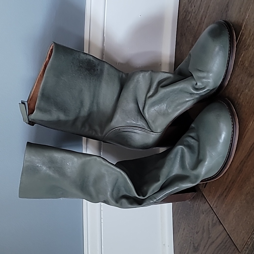 Free People Distressed Slouchy Mid-Calf Heeled Boots in Sage Green